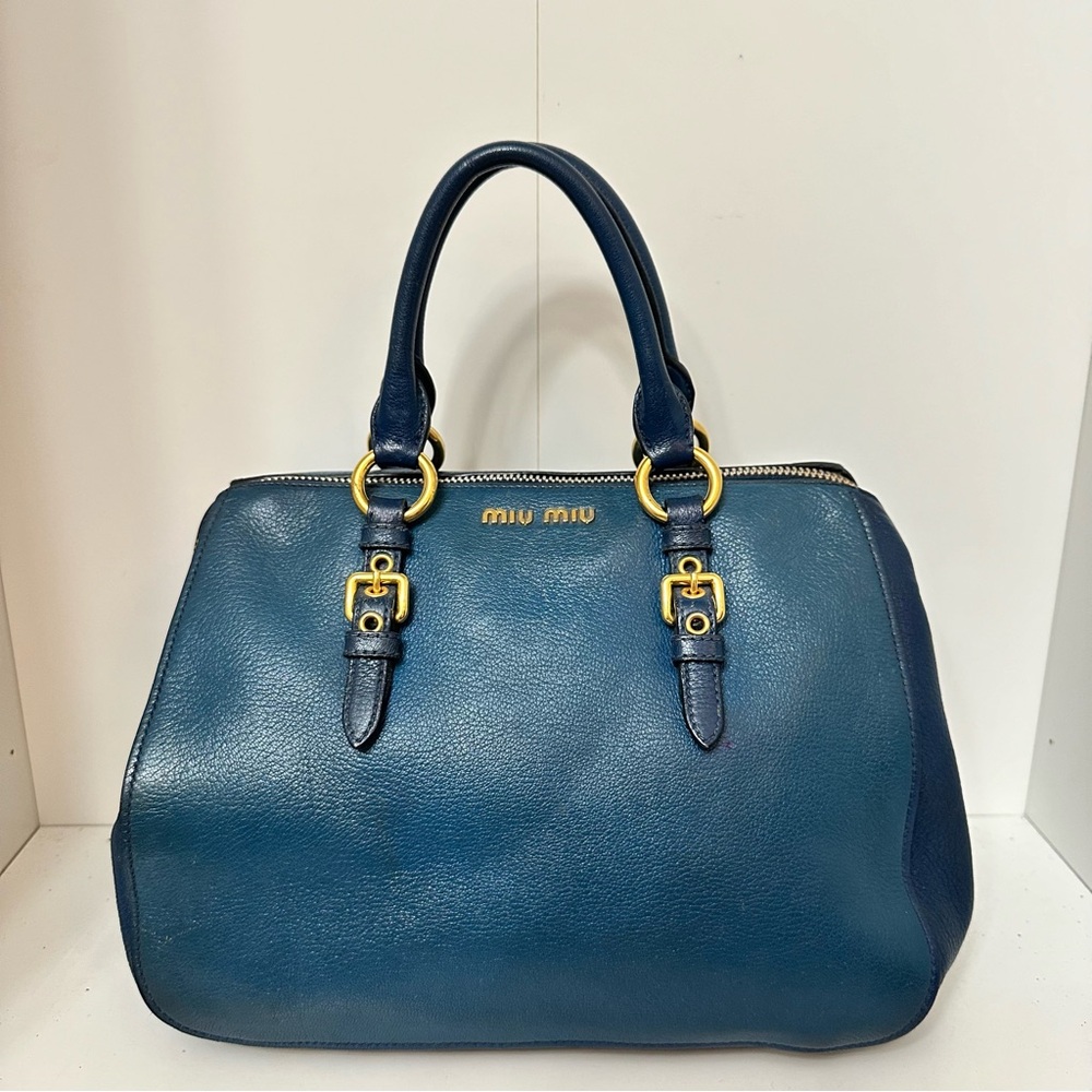 Authentic Miu Miu Goatskin Madras Bi-Color Bowling Bag Cobalto Marea